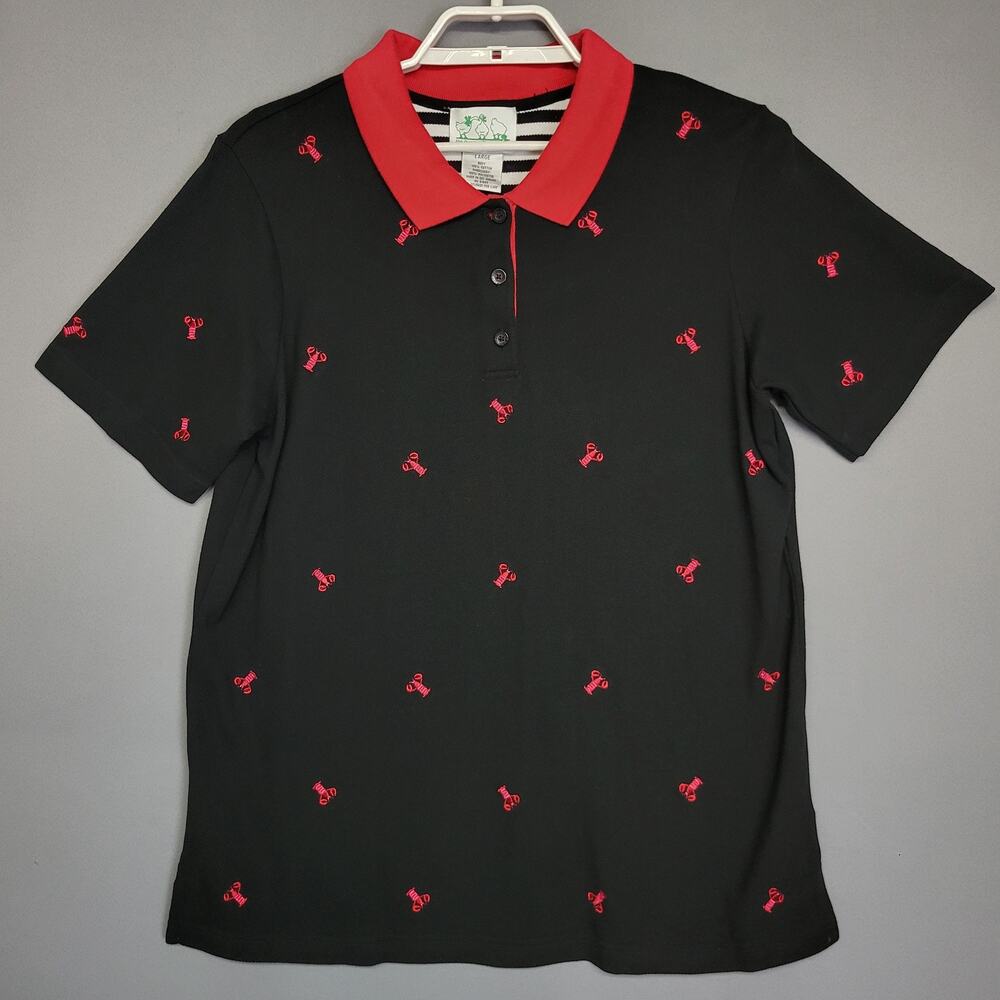 Quacker Factory Polo Top Womens Large Black Red Lobster Embroidered Nautical